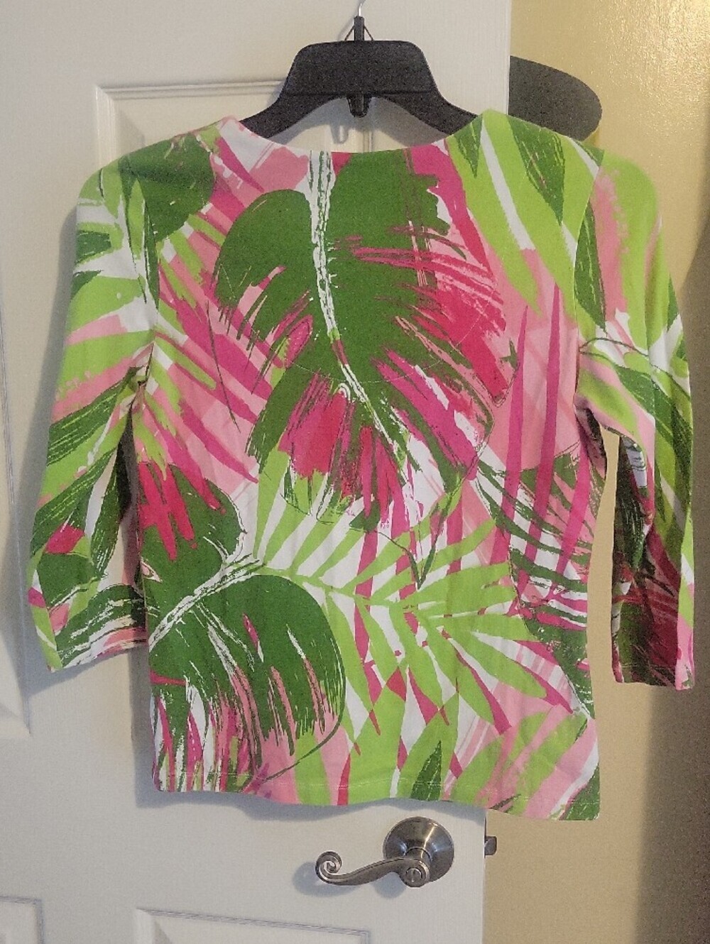 Ruby Rd szSm Pink & Green Palm-Print Jewel Lined Vneck Cotton Neck Tunic Top - Picture 5 of 5